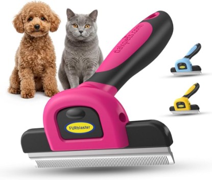 Picture of DakPets Stainless Steel Pet Deshedding Tool - Grooming Brush for Cats and Dogs, Removes Trapped Hair, Reduces Shedding by Up to 95%, All Hair Types, Includes Protective Blade Cover, Pink, 4 inches
