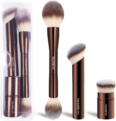 Picture of MAANGE 3 PCS Foundation Makeup Brush Set, Double-ended Contour Brush for Liquid Powder Concealer Cream Cosmetics Blending Blush Buffing Face Makeup Tools (Coffee)