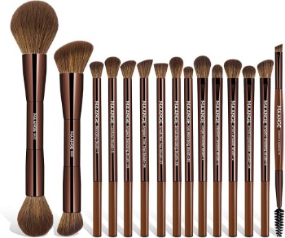 Picture of MAANGE 15 PCS Makeup Brushes Double-ended Makeup Brush Set Double Sided Angled/Round Top Brush Foundation Contour Blending Eyebrow Eyeshadow Concealer (Brown)