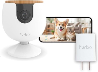 Picture of Furbo Mini Pet Camera + Power Adapter: Smart Cam w/Barking or Meowing Alerts, Cat or Dog Tracking w/Phone App, 2-Way Speaker. No Subscription Needed. Standard See & Talk Features