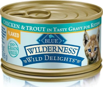 Picture of Blue Buffalo Wilderness Flaked Chicken & Trout Wet Kitten Food, 3 oz, 24 ct | High Protein, Wild Delights in Tasty Gravy, Grain-Free Recipe, with DHA for Cognitive Development