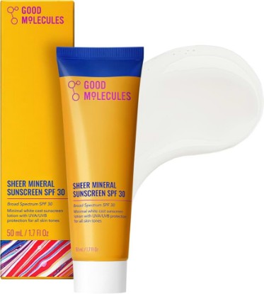 Picture of Good Molecules Sheer Mineral Face Sunscreen Broad Spectrum SPF 30, 1.7 oz | Zinc oxide mineral sunscreen with minimal white cast. Broad spectrum UVA/UVB protection for all skin tones.