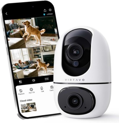 Picture of VIRTAVO Pet Camera Indoor No Subscription, for Dog Cat Baby, 360° PTZ | Dual Lens Dual View, Auto Motion Tracking, 2-Way Audio, Night Vision, Phone App, SD & Cloud Storage, Wired