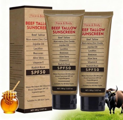 Picture of 2PCS Beef Tallow Sunscreen Organic, Natural Mineral Sunscreen SPF 50 | Water Resistant, Fragrance-Free, Non-Greasy Formula for Face and Body, 200G Native Mineral Beef Tallow Moisturize