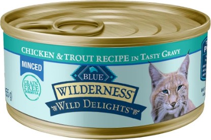 Picture of Blue Buffalo Wilderness Chicken & Trout Adult Wet Cat Food, 5.5 oz, 24 ct | Wild Delights Minced in Tasty Gravy, High Protein & Grain-Free Recipe, Supports Energy for an Active Life