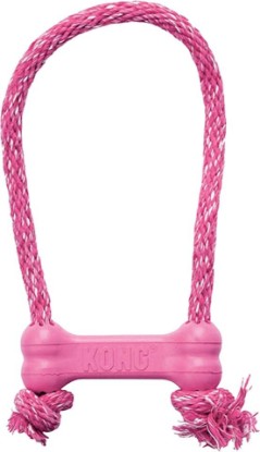 Picture of KONG Puppy Goodie Bone with Rope, Natural Rubber, for XS Puppies, Pink | KONG Natural Rubber Bone with a Cotton Rope for Teeth Cleaning & Engaging Chew Play for Growing, Teething Puppies