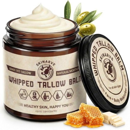 Picture of Beef Tallow for Skin 4oz Unscented, Organic Whipped beef Tallow and Honey Balm, 100% Grass Fed Beef Tallow Face Moisturizer For Dry Skin, Lip balm, Eczema Natural Tallow Moisturizer Lotion Body Butter