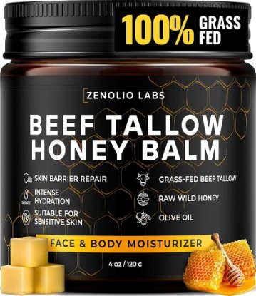 Picture of Beef Tallow for Skin Face - Tallow and Honey Balm Grass-Fed Moisturizer | Whipped Raw Honey & Beeswax Facial Balm. Hydrating Body & Face Cream Moisturizer for Dry, Cracked & Sensitive Skin Types