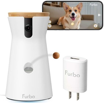 Picture of Furbo 360° Dog Camera + Power Adapter: Pet Cam w/Barking Alerts, Rotating View, Treat Toss w/Phone App, Puppy Monitoring, 2-Way Speaker, No Subscription Needed. Standard See, Talk, & Toss Features