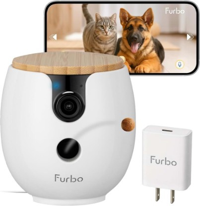Picture of Furbo Mini 360° 2K QHD Pet Camera + Power Adapter: Dog & Cat Rotating Treat Dispenser w/Phone App, Smart Cam w/2-Way Speaker & Night Vision. No Subscription Needed. Standard See, Talk, & Toss Features