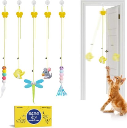 Picture of Potaroma Interactive Cat Feather Toys 5 Pcs, Cat Teaser Retractable Hanging Indoor Kitten Play Chase Exercise, Mental Physical Stimulation for All Breeds and Species