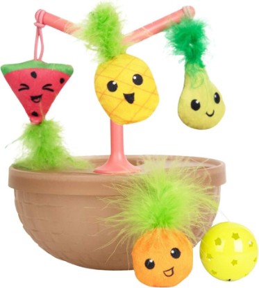 Picture of Catstages Hunt N' Wobble Fruit Bowl Wobbling Cat Toy with Five Catnip Toys, Jingle Ball, and Flingers, Multicolored