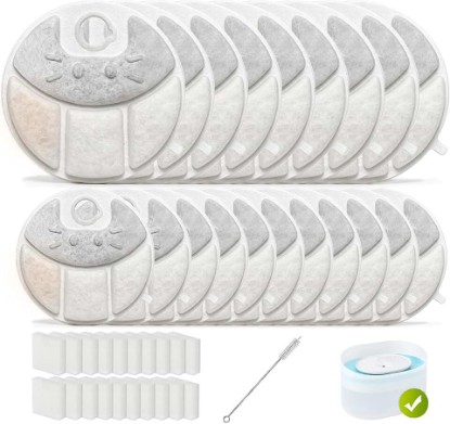 Picture of Pet Water Fountain Filters Fit for Petlibro Capsule Dog Fountain PLWF008 | 20 Packs Replacement Filters + 20 Pump Sponges and 1 Hard Brush|Accelerate Filtration Flow Rate|Remove Odd Tastes ClimatePartner certified