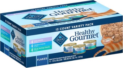 Picture of Blue Buffalo Healthy Gourmet Variety Pack Adult Wet Cat Food, 3 oz, 12 ct | Flavor, Tuna, Chicken, Fish & Shrimp Flavored Entrées (4 of Each), Flaked Texture, No Corn, Wheat, or Soy