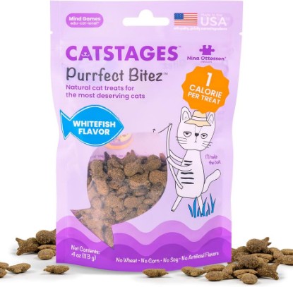 Picture of Catstages by Nina Ottosson Purrfect Bitez Natural Crunchy Cat Treats for Puzzles, Toys, Feeders, & Training, USA-Made, Real Whitefish Flavor, 4oz