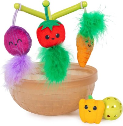 Picture of Catstages Hunt N' Wobble Veggie Bowl Cat Toy for Cats & Kittens, 4-in-1 with Jingle Ball & Removable Catnip Toys, 6" x 8"