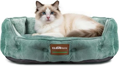 Picture of ClevaHome Upgrade Plush Faux Fur Cat Bed - Washable Round Cat Beds for Indoor Cats, Small Dog Bed for Pets up to 15lbs, Reversible Cushion, Non-Slip Bottom (Washed Green)