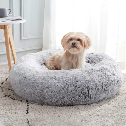 Picture of Western Home Calming Soft Round Dog &Cat Bed Small Dog Bed Washable,20" | Fluffy Faux Fur Cuddler,Anti-Anxiety,Anti-Slip Bottom,Self-Warming Bed for Small Dog&Kitten&Puppy,Up to 12 LBS Light Grey OEKO-TEX STANDARD 100