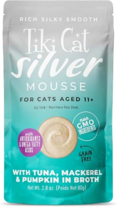 Picture of Tiki Cat Silver Mousse Wet Cat Food, Tuna, Mackerel & Pumpkin, 2.8 oz Pouch | Mousse Wet Cat Food for Senior Cats Age 11+, Tuna, Mackerel & Pumpkin, Immune Support, Easy to Eat, 2.8 oz. Pouch, 12 Count