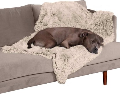 Picture of Furhaven Waterproof Throw Blanket for Dogs & Indoor Cats, Washable - Shaggy Plush Calming Long Faux Fur & Velvet Dog Blanket - Taupe, Large