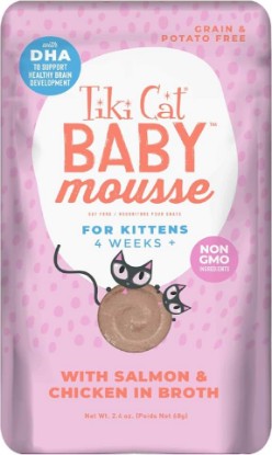 Picture of Tiki Cat Baby Mousse Wet Food for Kittens, Salmon & Chicken, 2.4 oz. Pouch | Wet Cat Food for Kittens, Silky Smooth Mousse, Real Salmon and Chicken, With DHA for Brain Development, Easy to Eat, 2.4 oz