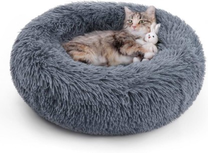 Picture of rabbitgoo Calming Cat Beds for Indoor Cats, 20 inches, Dark Grey | Soft Warm Donut, Fluffy Faux Fur, Supportive Raised Rim, Anti-slip, Machine Washable, Up to 15lbs Kittens & Small Cats