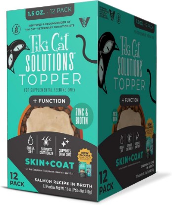 Picture of Tiki Cat Solutions Wet Cat Food Topper, Skin & Coat, Salmon, 1.5 oz. Pouch | Gravy Texture, Supports Skin and Coat, Zinc and Biotin, Omega 3 and 6, Grain-free, Non-GMO, 12-count Pack, Solutions Series