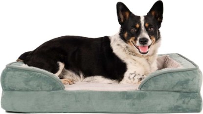 Picture of Furhaven Cooling Gel Dog Bed for Medium/Small Dogs w/ Removable Bolsters & Washable Cover, For Dogs Up to 35 lbs - Plush & Velvet Waves Perfect Comfort Sofa - Celadon Green, Medium