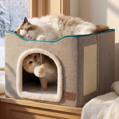 Picture of Bedsure Cat House Bed for Indoor Cats with Fluffy Ball and Scratch Pad,Grey | 16.5x16.5x13 in,Large Cat Cave for Multiple Pets,Foldable Cat Hideway Cube for Sleeping Kitten OEKO-TEX STANDARD 100