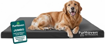 Picture of Furhaven Water-Resistant Orthopedic Dog Bed for Large Dogs w/ Removable Washable Cover, For Dogs Up to 95 lbs - Indoor/Outdoor Logo Print Oxford Polycanvas Mattress - Stone Gray, Jumbo/XL