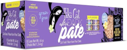 Picture of Tiki Cat After Dark Paté Wet Cat Food, Variety Pack, 5.5 oz Cans (8 Count) | Wet Cat Food, Soft Pate, Novel Proteins with Organ Meat, High Protein, High Moisture, Nutrient Dense, 5. 5oz Cans, 8 Pack