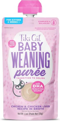 Picture of Tiki Cat Baby Weaning Puree Wet Cat Food, Chicken, 6 oz. Spout Pouch | Kitten Formula, Puree, Weaning Kittens, Chicken Liver, DHA for Brain Development, Complete & Balanced, Easy to Eat, 6 Pack