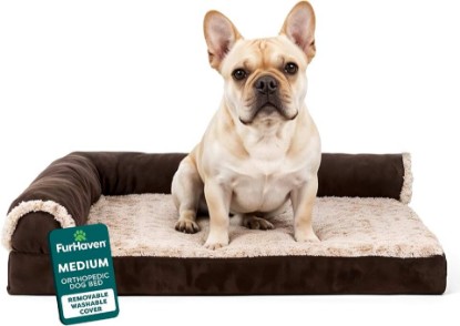 Picture of Furhaven Orthopedic Dog Bed for Medium/Small Dogs w/ Removable Bolsters & Washable Cover, For Dogs Up to 35 lbs - Two-Tone Plush Faux Fur & Suede L Shaped Chaise - Espresso, Medium,30"L x 20"W x 6"Th