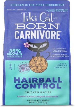 Picture of Tiki Cat Born Carnivore Dry Cat Food Hairball Control, Chicken, 3 lbs Bag | For Adult Cats, Chicken As First Ingredient, Supports Digestive Health, High Protein Content, With Prebiotics and Fiber