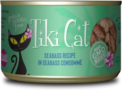 Picture of Tiki Cat Luau Shredded Meat, Seabass Recipe in Seabass Consumme, Grain-Free Balanced Nutrition Wet Canned Cat Food, for All Life Stages, 6 oz. Can (8 Count)