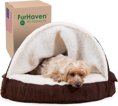 Picture of Furhaven 26" Round Memory Foam Dog Bed for Medium/Small Dogs w/ Removable Washable Cover, For Dogs Up to 30 lbs - Sherpa & Suede Snuggery - Espresso, 26-inch