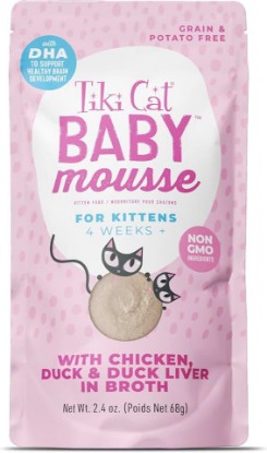 Picture of Tiki Cat Baby Wet Cat Food, Chicken, Duck & Duck Liver, 2.4 oz (12 Count) | 2.4 oz. Pouch, For Kittens, Silky Mousse Texture, Supports Brain and Muscle Development, Non-GMO Ingredients
