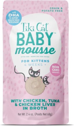 Picture of Tiki Cat Baby Mousse Wet Cat Food, Chicken, Tuna & Chicken Liver, 2.4 oz | Wet Cat Food For Kittens, Silky Smooth Mousse, Real Chicken, Tuna and Organ Meat, High Moisture for Hydration, DHA for Brain