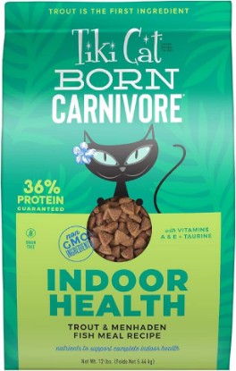 Picture of Tiki Cat Indoor Health Dry Cat Food, Trout & Menhaden Fish Meal, 12 lb. Bag | Indoor Health, Born Carnivore, Crunchy Kibble, Real Trout First, Non-GMO, Supports Immune and Digestive Health, High Protein