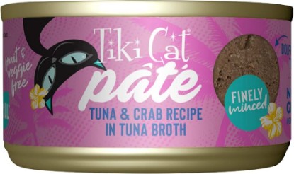 Picture of Tiki Cat Grill Pâté Wet Cat Food, Tuna & Crab, 2.8 oz. Cans (12 Count) | Wet Cat Food, Minced Pate Texture, Tuna & Crab Recipe, Real flaked fish, High Moisture, Hydration, 2.8 oz. cans, 12 pack