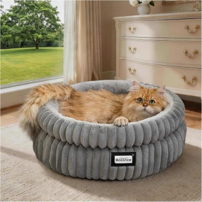 Picture of BALANCE Cat Bed Kitten Bed, Washable Round Cat Beds for Indoor Cats, Super Soft Plush Faux Fur Pet Bed for Puppy and Kitten with Anti-Slip Bottom