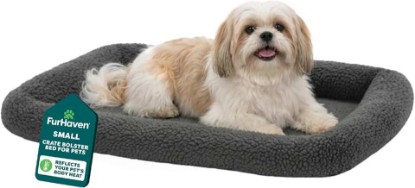 Picture of Furhaven Dog Bed for Small Dogs & Indoor Cats, 100% Washable, Sized to Fit Crates - Sherpa Fleece Bolster Crate Pad - Gray, Small