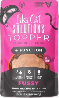 Picture of Tiki Cat Solutions Cat Food Topper, Fussy, Tuna, 1.5 oz. Pouch (12 Count) | Broth-Based Tuna Recipe, 12 Pouches Per Pack, Ultra Palatable for Picky Cats, Savory Tuna, Enticing Aroma