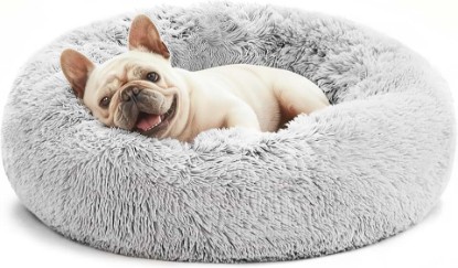 Picture of Love's cabin Calming Cat Bed for Indoor Cats, Anti-Anxiety Donut Round Dog Bed, Fluffy Faux Fur Washable Pet Bed for Small Medium Dogs and Cats, Grey, 20in