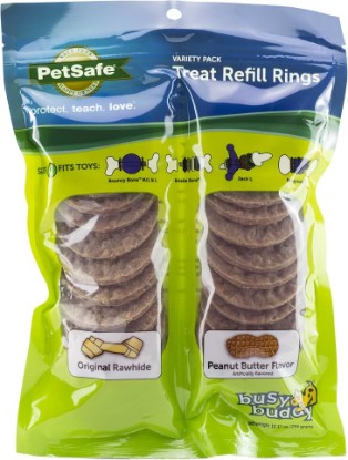 Picture of PetSafe Busy Buddy Dog Treat Rings Variety Pack, Large, Size C, 24 Count | Grain-Free Rawhide & Peanut Butter Flavored Treat Ring Refills, Resealable Bags Keep Rings Fresh, Tasty Distraction for Dogs