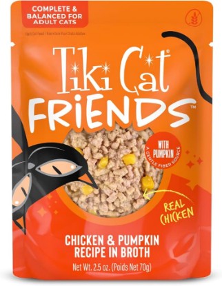 Picture of Tiki Cat Friends Wet Cat Food, Chicken & Pumpkin, 2.5 oz. Pouch, 12 Count | Grain Free Nutrition, Real Chicken First, Includes Pumpkin for Gentle Fiber, High Moisture Content, Low Carb Formula