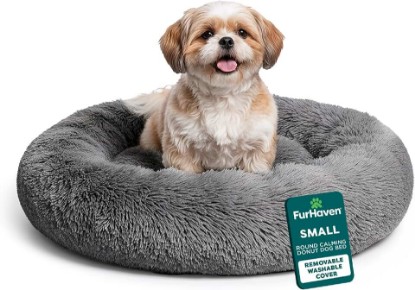 Picture of Furhaven 23" Round Calming Donut Dog Bed for Indoor Cats & Small Dogs, Washable, For Dogs Up to 20 lbs - Shaggy Plush Long Faux Fur Donut Bed - Gray, Small, 23.0"L x 23.0"W x 9.0"Th