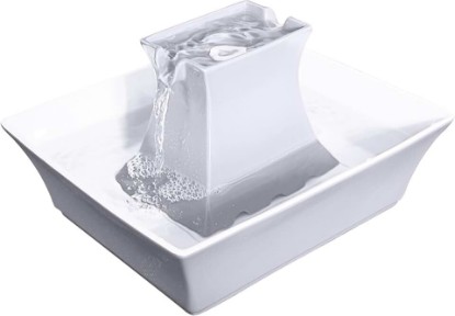Picture of PetSafe Drinkwell Pagoda Fountain, Filters Included, 70 oz Ceramic, White | 2 Free-Falling Water Streams Encourage Hydration, Pet Water Fountain for Cats & Small Dogs, Replaceable Carbon & Foam Filters