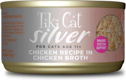 Picture of Tiki Cat Silver Wet Cat Food for Seniors, Chicken, 2.4 oz. Cans (12 Count) | Soft Mousse Texture with Poultry Shreds, High Protein for Lean Muscle Maintenance, Gentle Fiber Supports Healthy Digestion