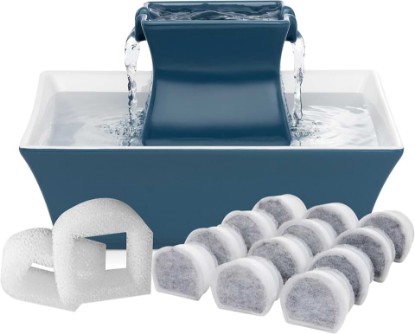 Picture of PetSafe Drinkwell Pagoda Ceramic Cat Water Fountain, 70 oz, Extra Filters | 2 Falling Water Streams Encourage Hydration, Cat & Small Dog Water Fountain, 4-Pack Carbon Filters and 2-Pack Foam Filters